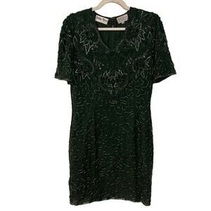 VTG Silky Nites Green Short-Sleeve Beaded Dress Size Medium
